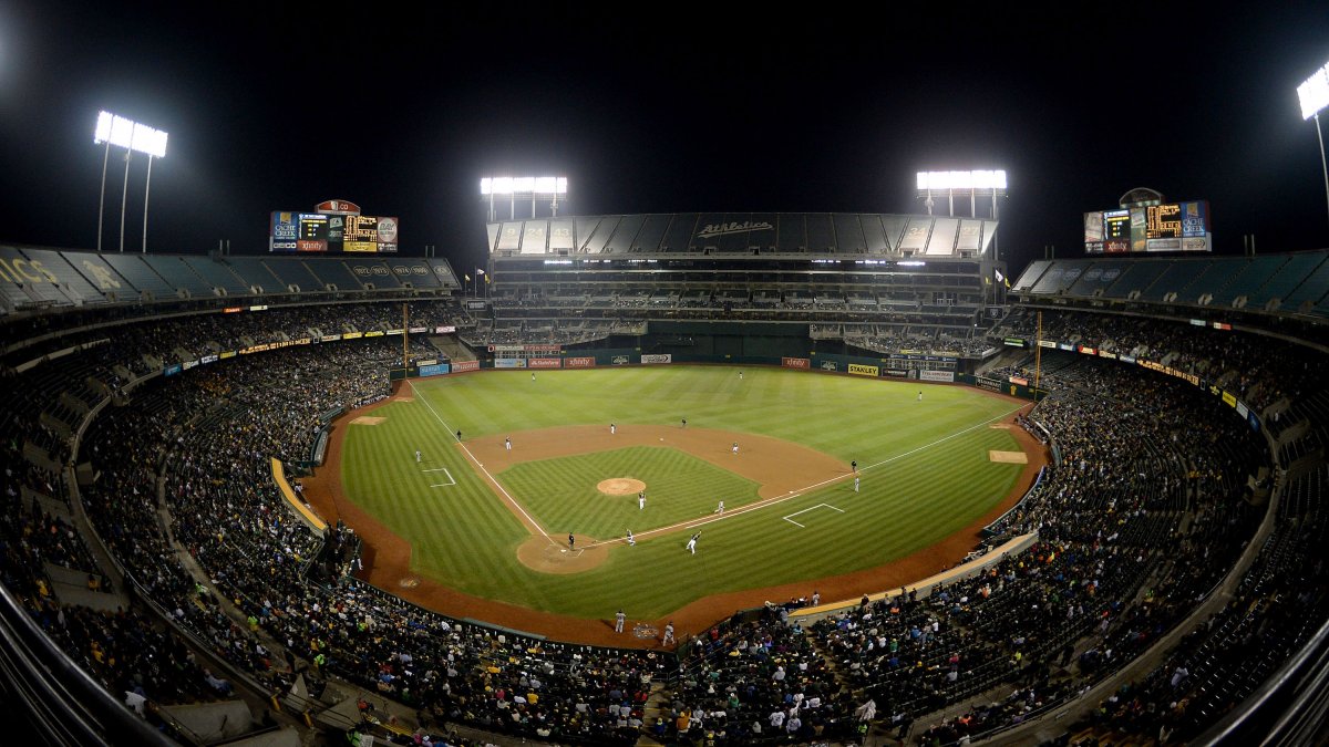 Interior image from high up of the baseball field at Oakland Alameda Coliseum
