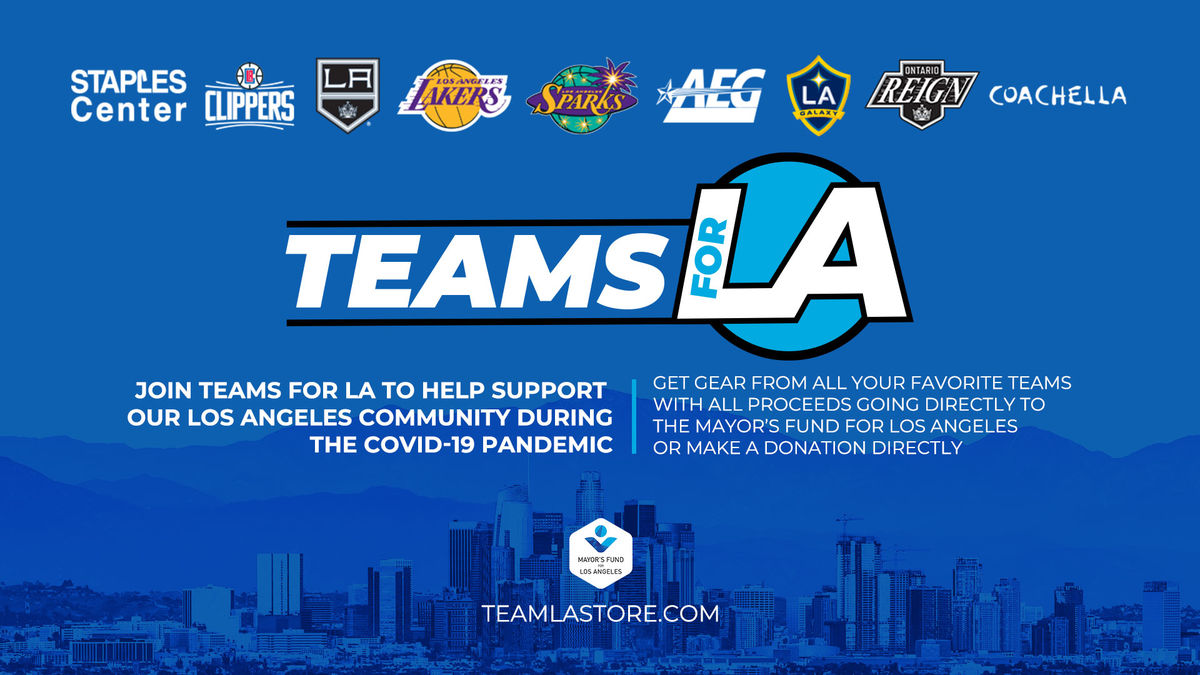 Blue graphic showing logos above Teams for LA including STAPLES Center, Clippers, LA Kings, LA Lakers, LA Sparks, AEG, LA Galaxy, Ontario Reign and Coachella. 