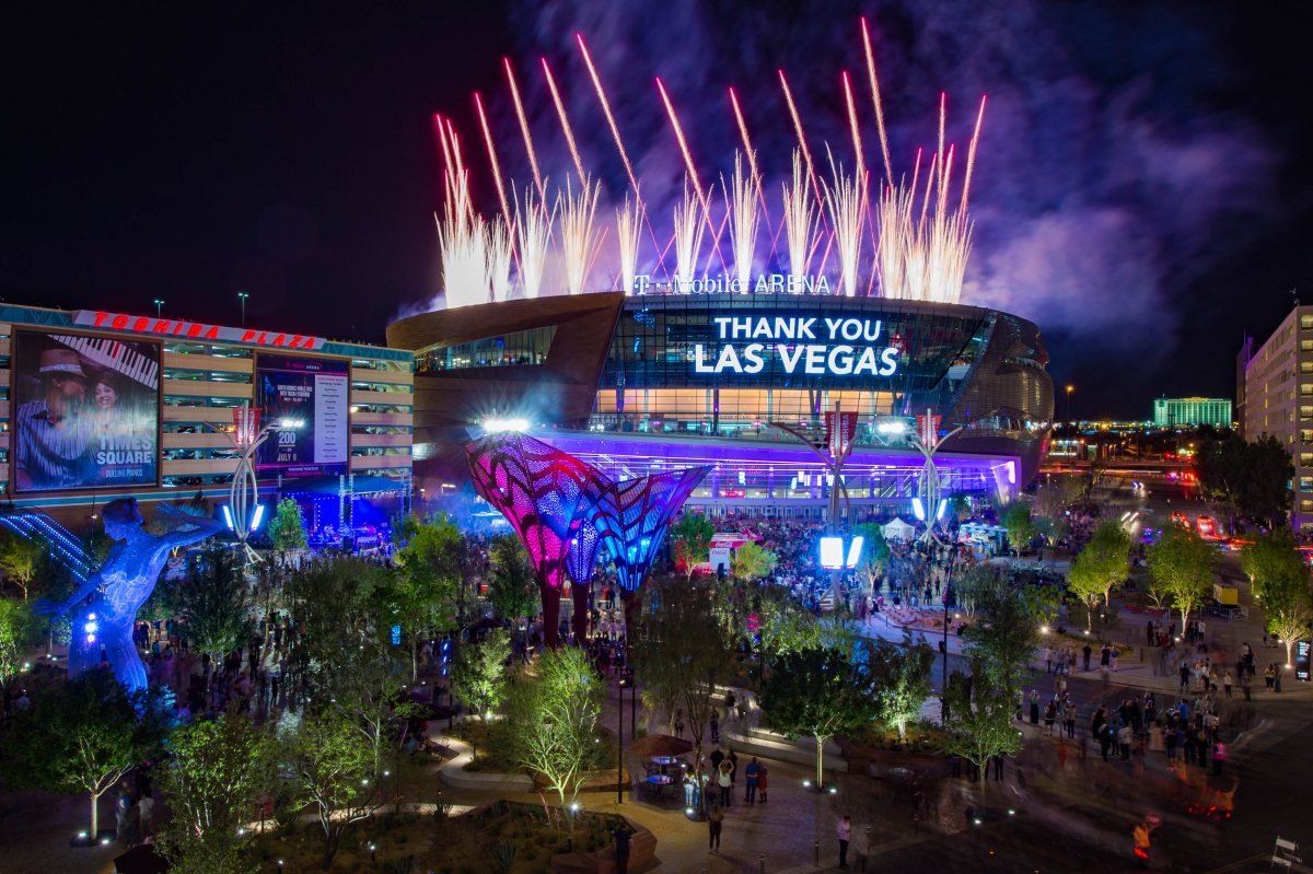 Exterior image of T Mobile Arena with fireworks