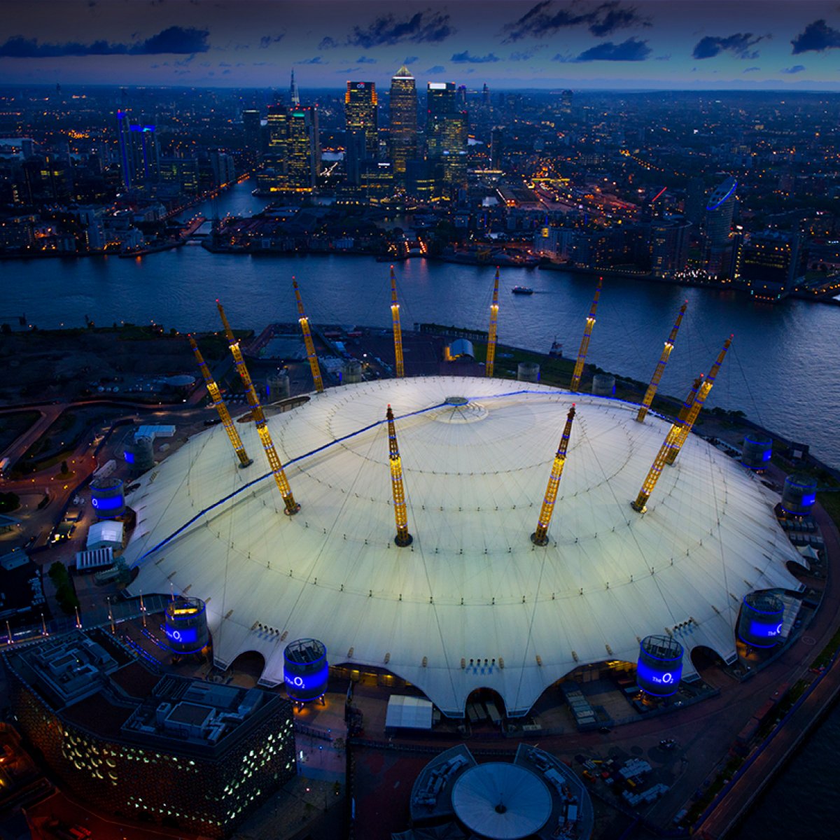 Exterior image of the O2 at dusk