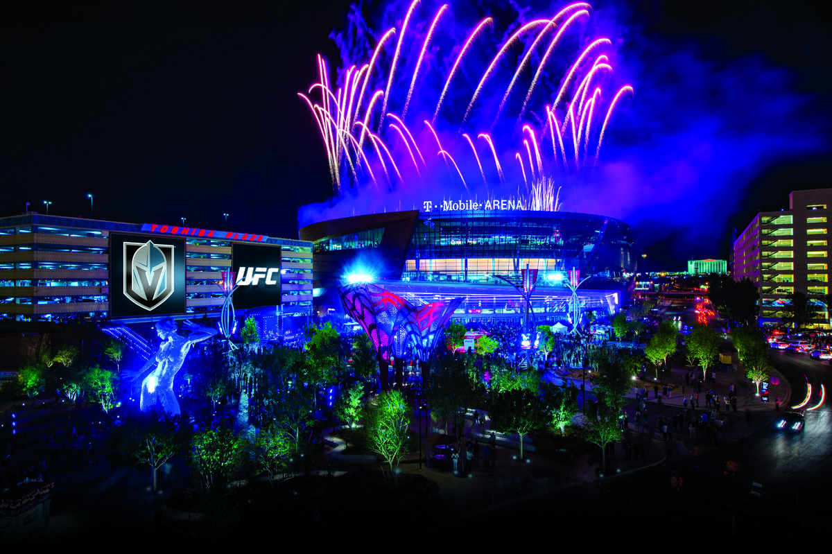 Exterior image of T Mobile Arena with fireworks