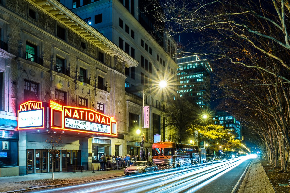 Exterior image from the street of the National and marquee