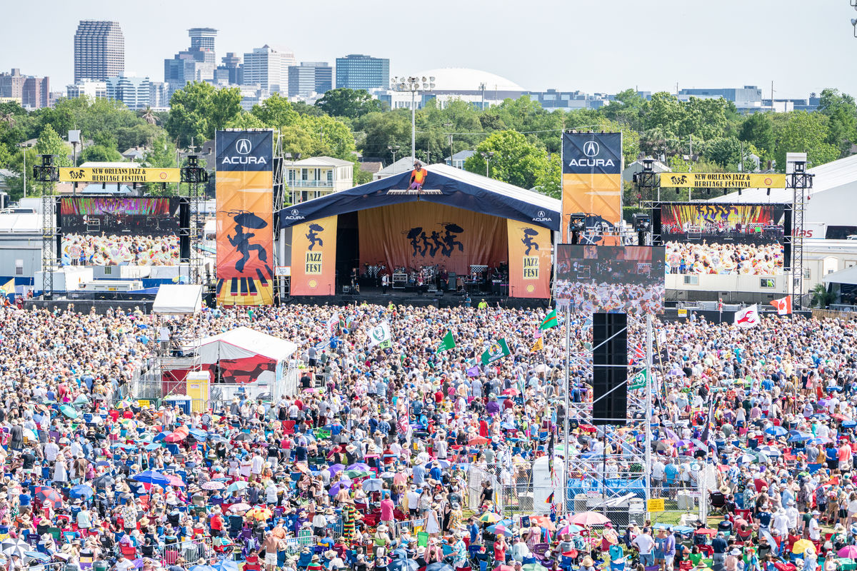 Aerial image of the crowd and stage at the music festival
