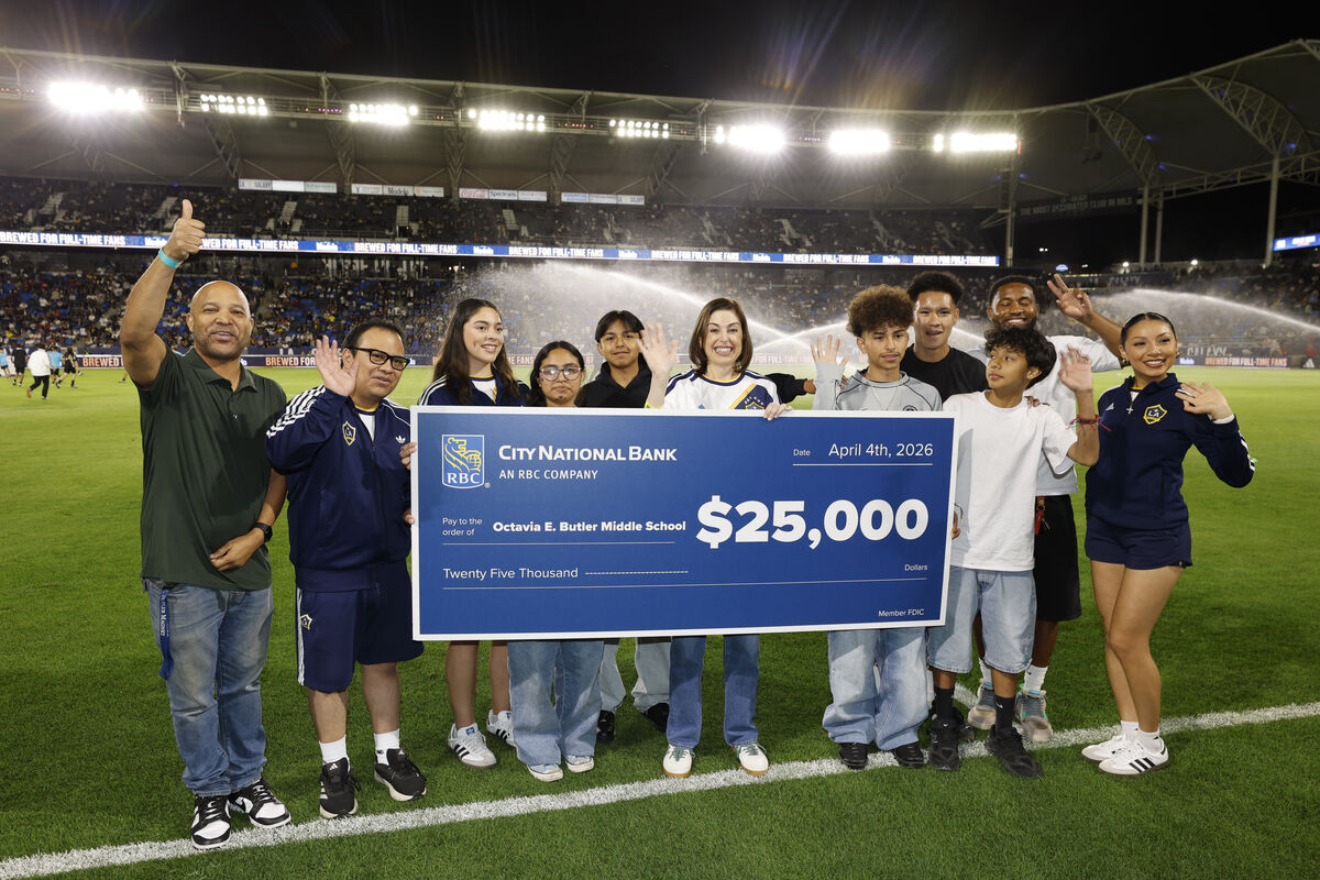 City National Bank presents a $25,000 check to Octavia E. Butler Middle School on April 4, 2026, at Dignity Health Sports Park i