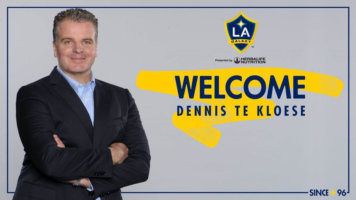 Photo of Dennis te Kloese with an LA Galaxy graphic next to him. 