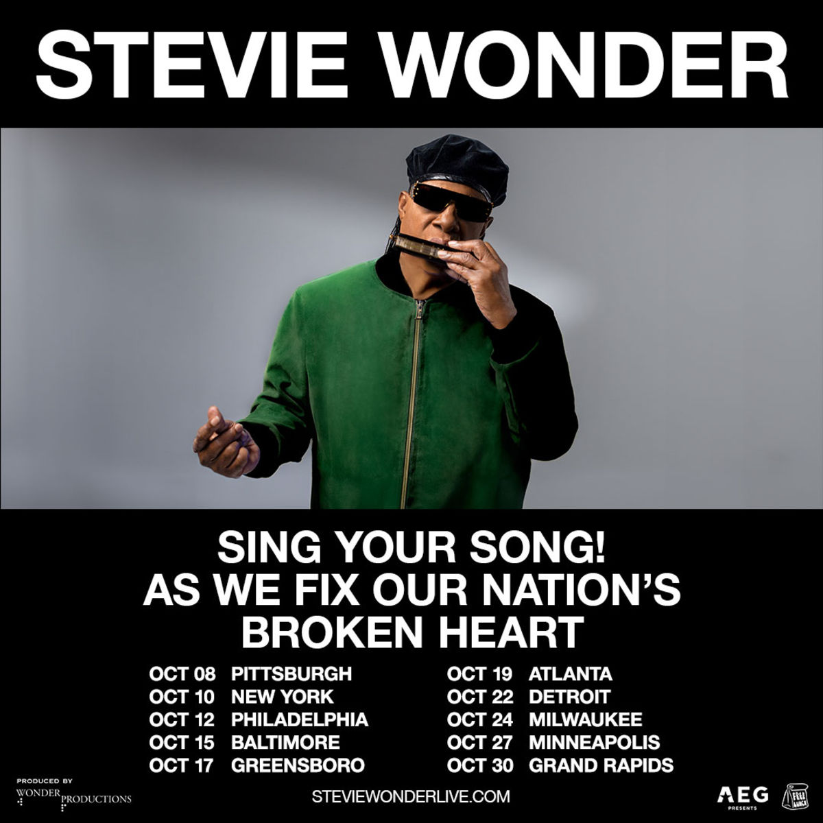 STEVIE WONDER SAYS “SING YOUR SONG! AS WE FIX OUR NATION’S BROKEN HEART” WITH 10 PERFORMANCES THIS OCTOBER. TICKETS ON SAL