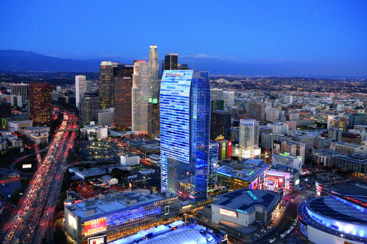 Exterior image of the Ritz Carlton Hotel at LA Live at night