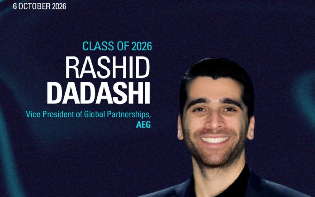 Graphic announcing Rashid Dadashi, Vice President of Global Partnerships at AEG, as a member of the Leaders Sports Awards Under 40 Class of 2026. Features a professional headshot against a dark blue background with award branding.