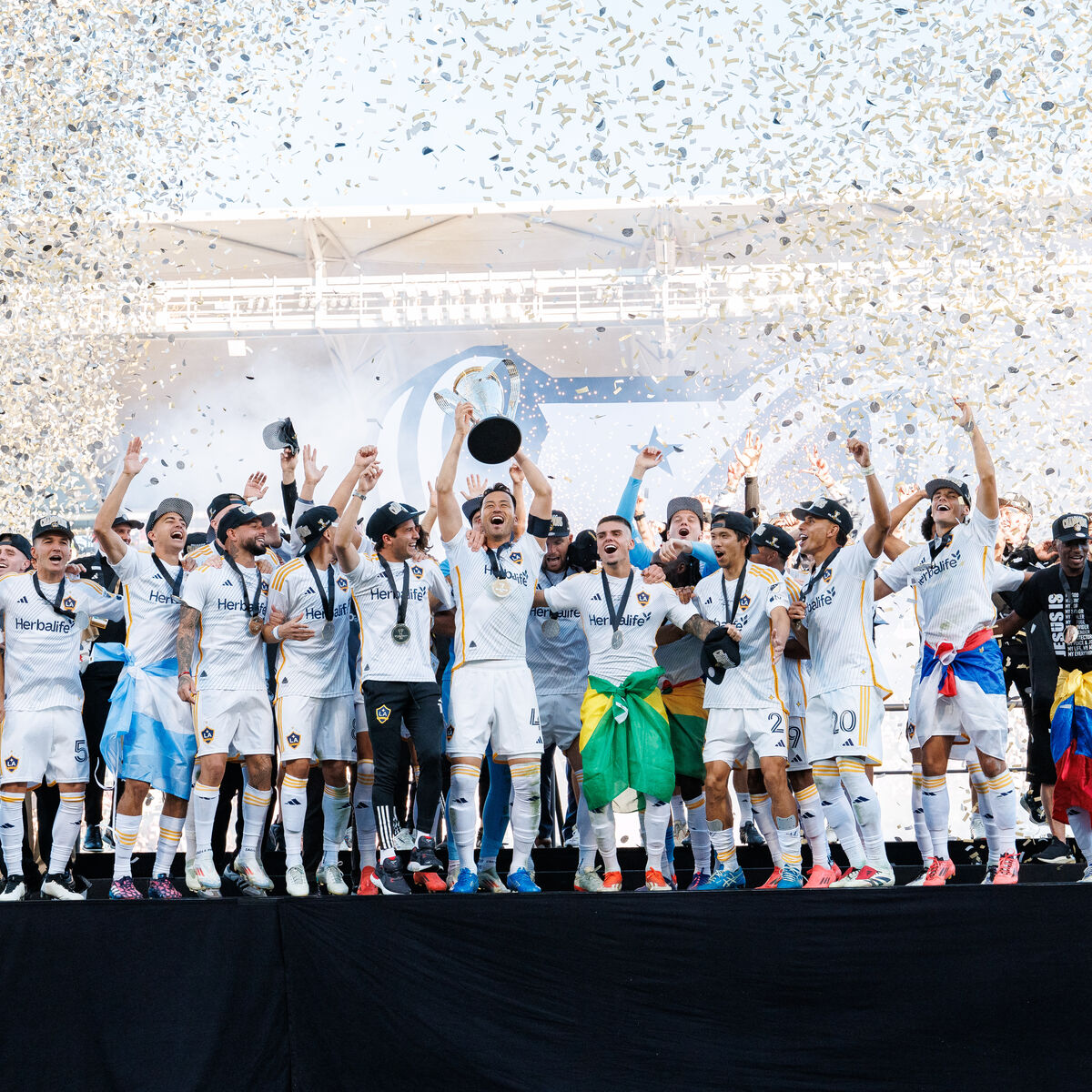 Galaxy soccer player celebrating on the field